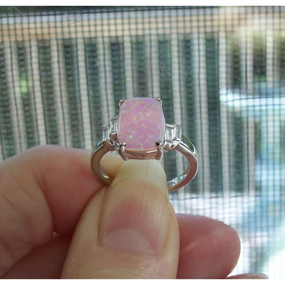 925 STERLING SILVER Lab Created Pink Fire Opal Cubic Zirconia Ring - Picture 7 of 16